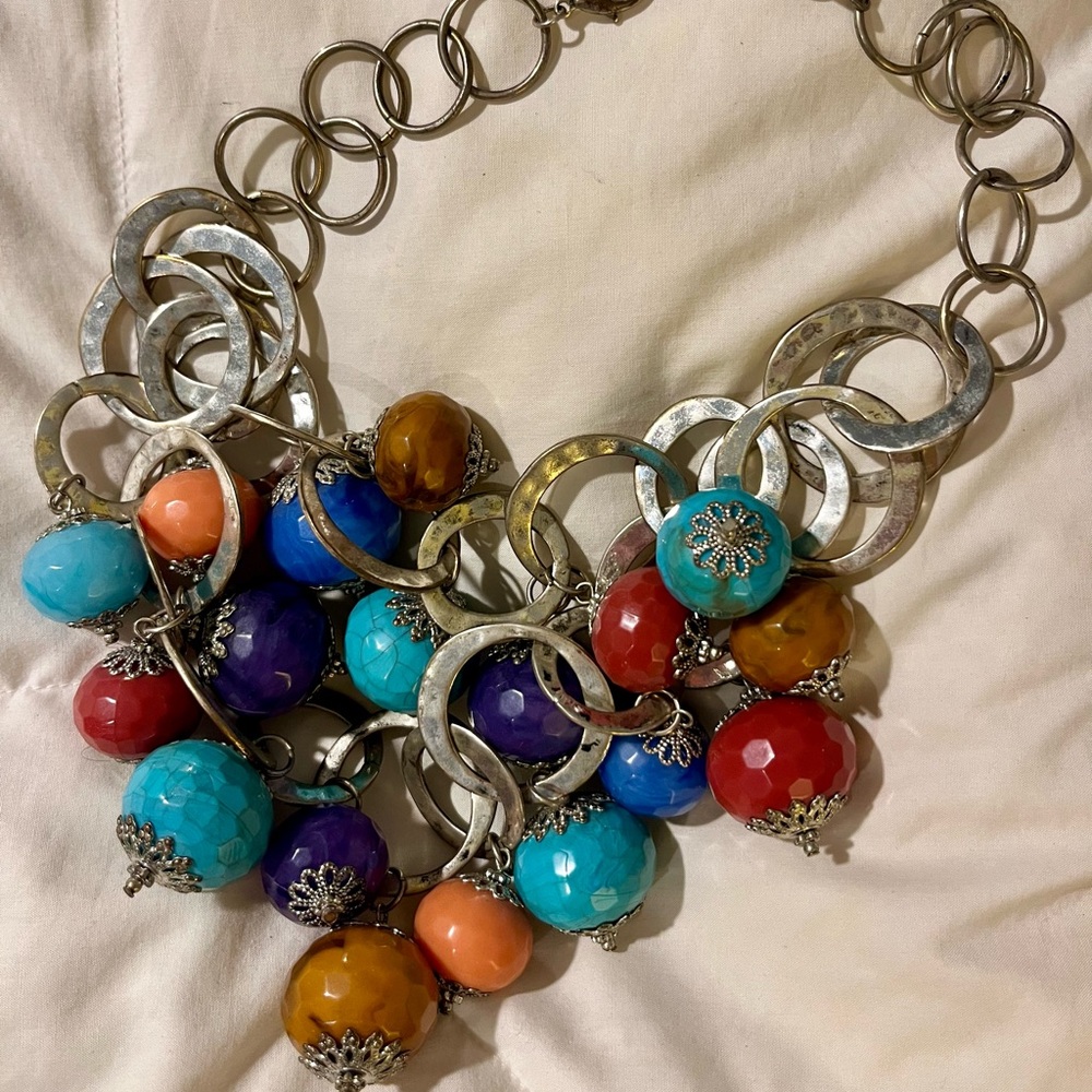 Unique Silver Necklace with Vibrant Multicolor Baubles